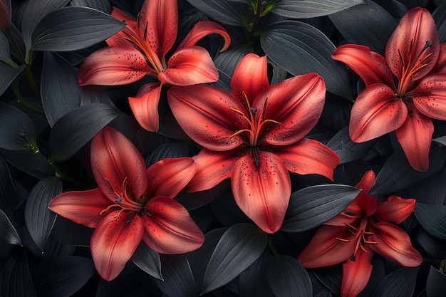 Seamless red lily flowers illustration pattern on black background