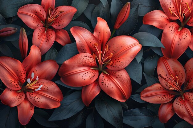 黒い背景のシームレスな赤いリリーの花のイラストパターン