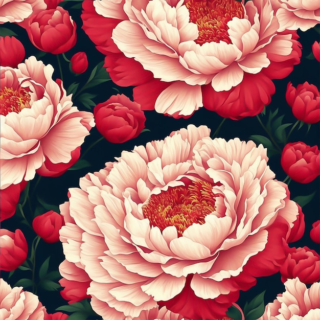 seamless red peony flower and leave pattern background AI Generated