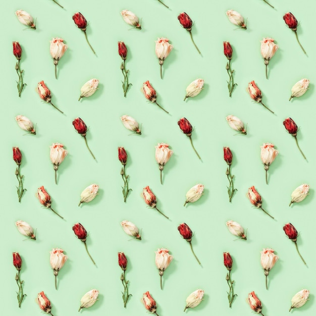 Seamless regular creative pattern from natural dry flowers Eustoma on soft green. Floral design, Printing on fabric, wrapping paper.