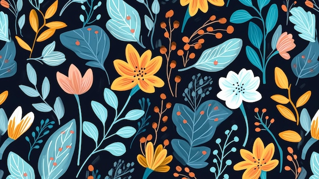 Seamless repeat pattern pretty winter florals and leaves