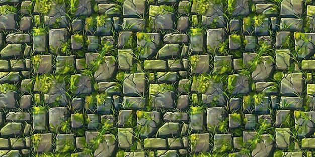 Seamless rock pattern tileable stone path with grass and moss texture great for video game design