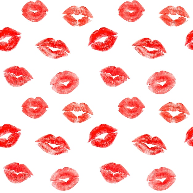 Seamless romantic pattern with trace red lips kisses on white background