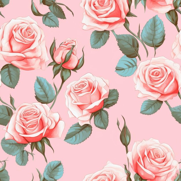 Seamless rose pattern with pink roses on a pink background generative ai