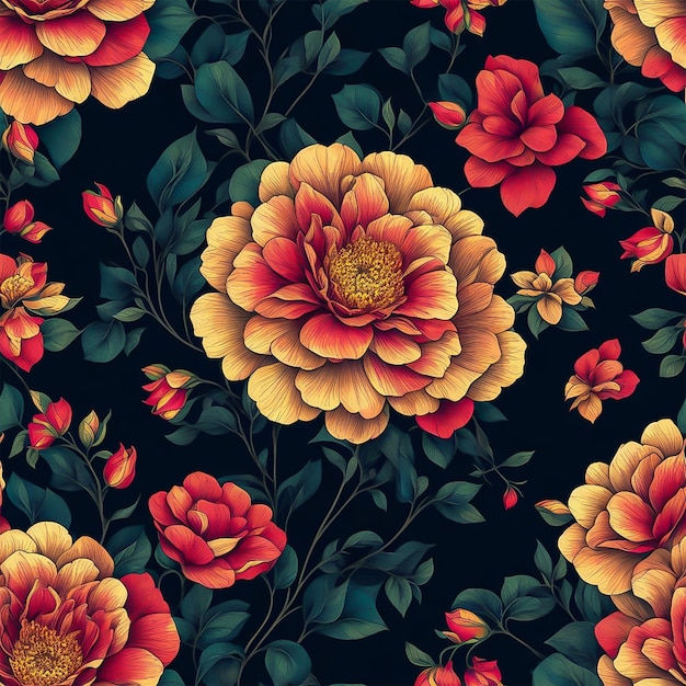 seamless roses flower and leave pattern on dark background AI Generated