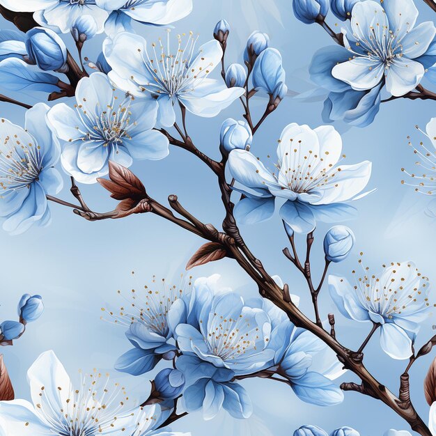 Photo seamless simple blue watercolor chinoiserie pattern with cherry blossoms generative ai