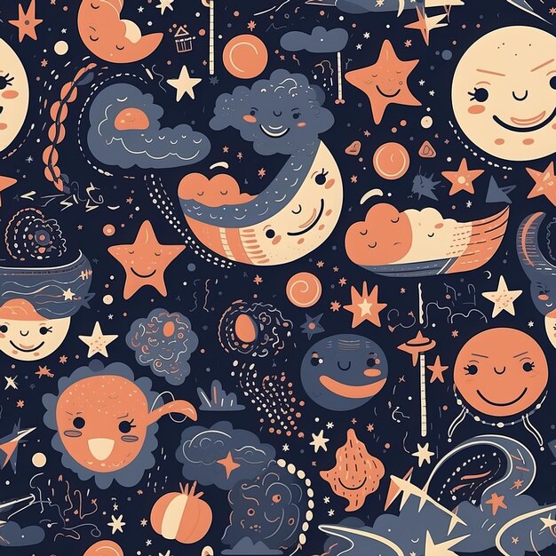 Seamless Smiling Moon Texture with Planets and Stars