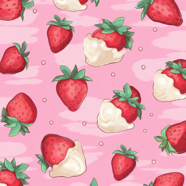 Photo seamless strawberrys and cream on a pink background generative ai