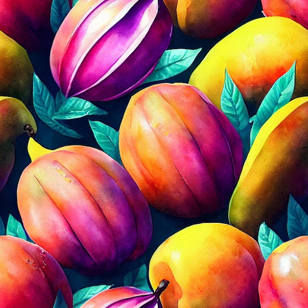 Seamless stylized background with various tropical fruits. Mix of fruits colorful background