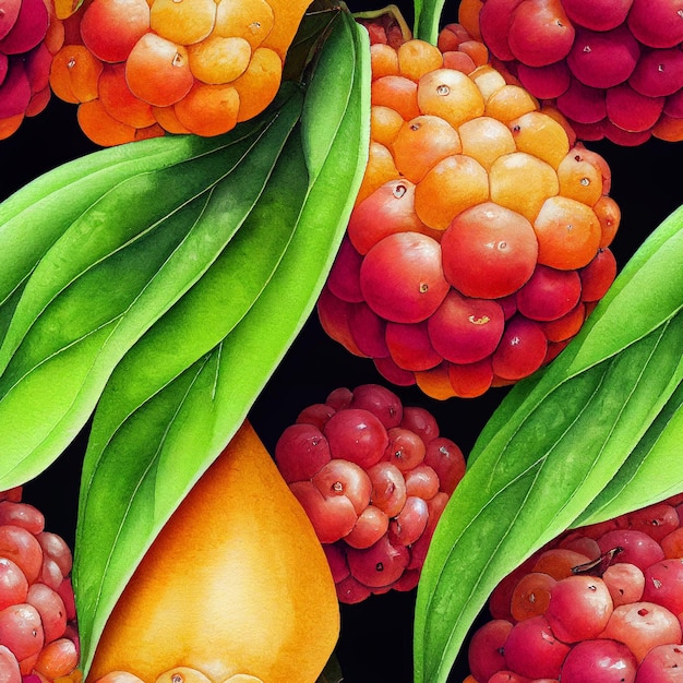 Seamless stylized background with various tropical fruits. Mix of fruits colorful background