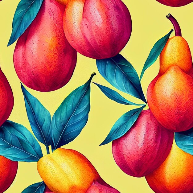Бесшовный стилизованный фон с различными тропическими фруктами. Смесь фруктов красочный фон