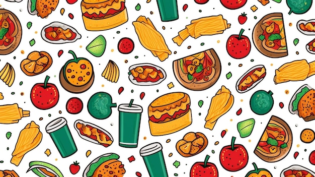 Seamless summer food pattern on a bright color background flat lay AI Generated