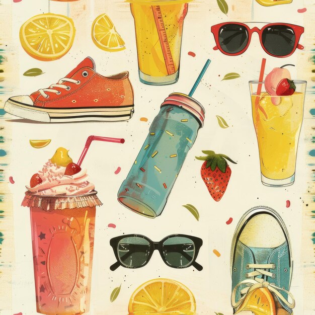 Photo seamless summer pattern glasses sneakers and drinks summer concept