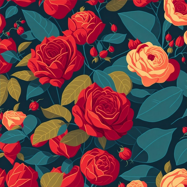 Seamless summer wild red roses and fruits and leaves patterns