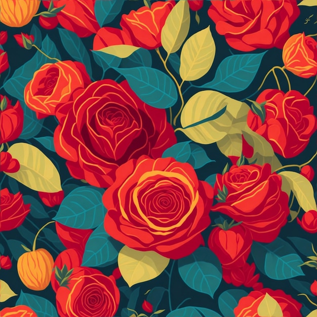 Seamless summer wild red roses and fruits and leaves patterns