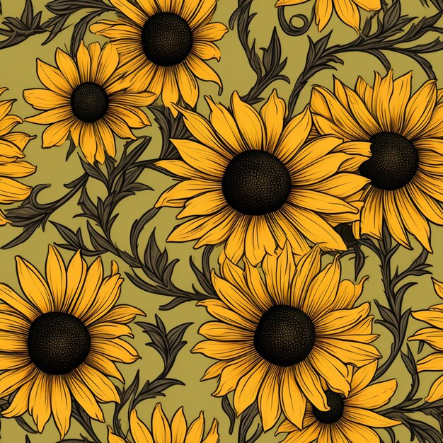 Photo seamless sunflowers on a green background generative ai