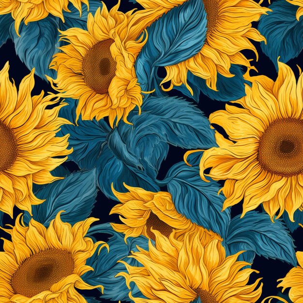 Seamless sunflowers with blue leaves on a dark background generative ai