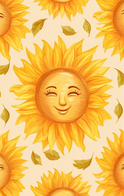 seamless sunflowers with smiling faces and leaves on a light background generative ai