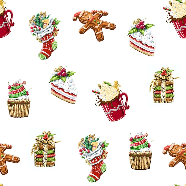 Photo seamless texture christmas decoration cookies cupcake and mug of coaco digital painting illustration