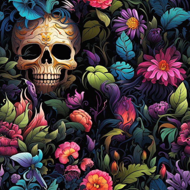 seamless texture pattern with dead skulls in bright colors on a black background