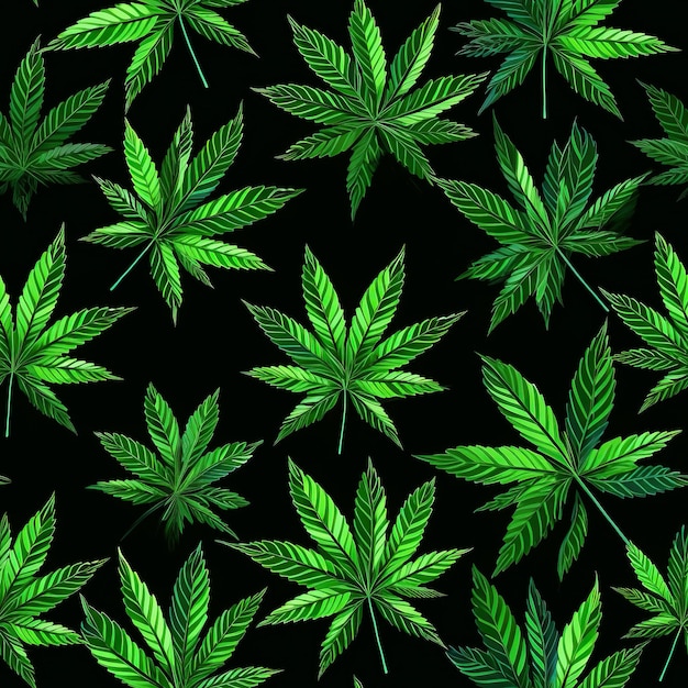 seamless texture pattern with green cannabis marijuana leaves on dark background