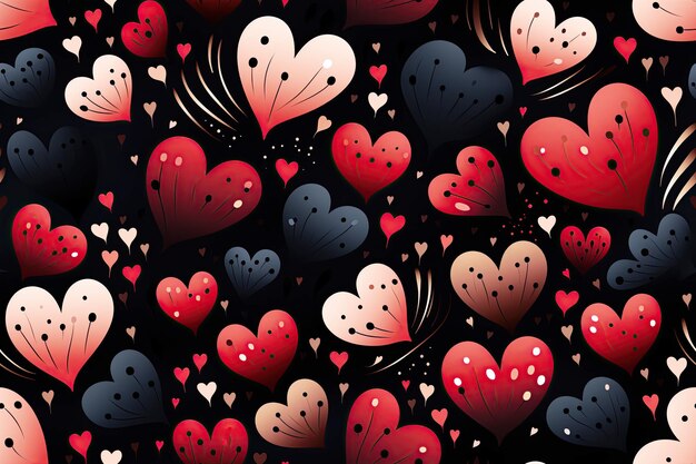 seamless texture pattern with red hearts on black background for valentine's day gift wrapping paper