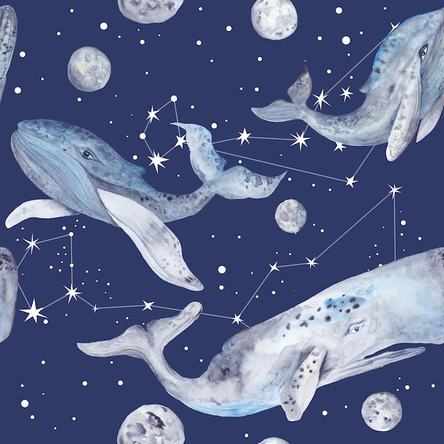Seamless texture with sea animals and constellation stars on blue background