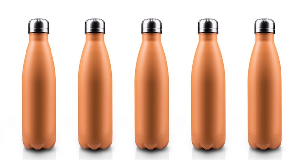 Seamless thermo water bottles of color of the year 2024 Peach Fuzz isolated on white background