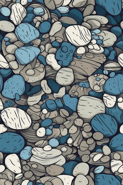 Seamless tile pattern with rocks and pebbles on a blue background