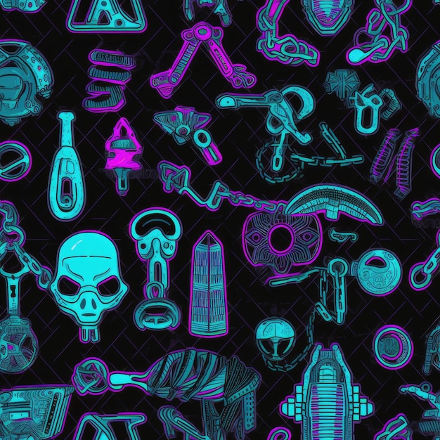 seamless tillable patterns of Abstract scifi cyberpunk neon generative ai items