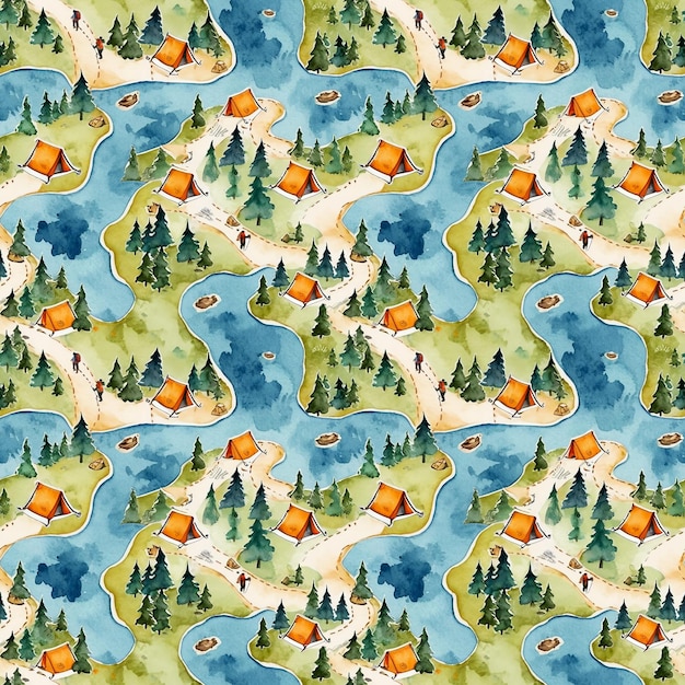 Seamless tourist pattern with a symbolic map of hiking routes with tents