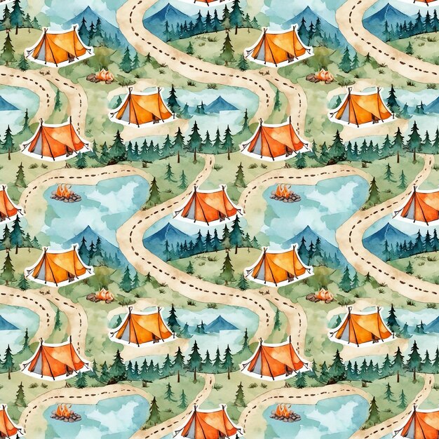 Seamless tourist pattern with a symbolic map of hiking routes with tents