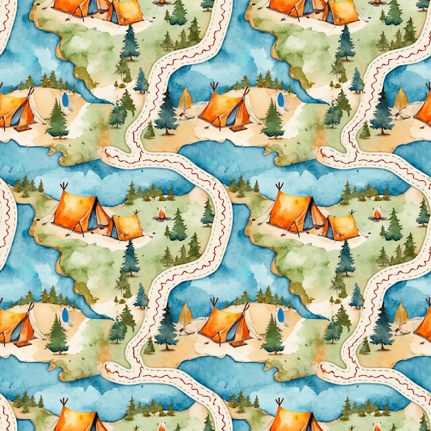 Seamless tourist pattern with a symbolic map of hiking routes with tents