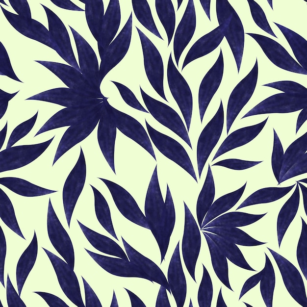 パステルイエローの背景に濃紺の葉とシームレスな伝統的なテキスタイル花柄ゴージャスなシームレスな花柄の背景