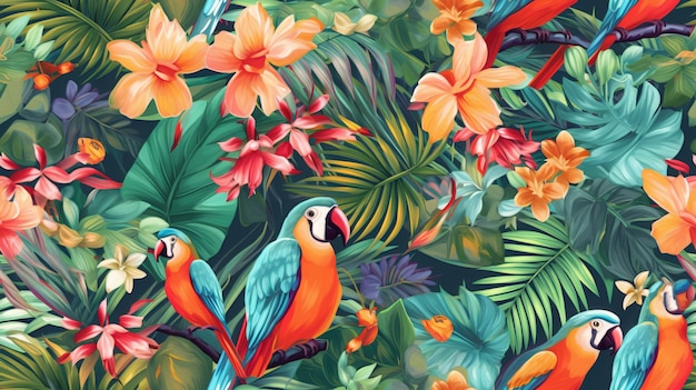 Seamless tropical background with parrots flowers and leaves