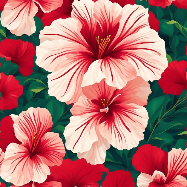 seamless tropical hibiscus flower and leave pattern background AI Generated