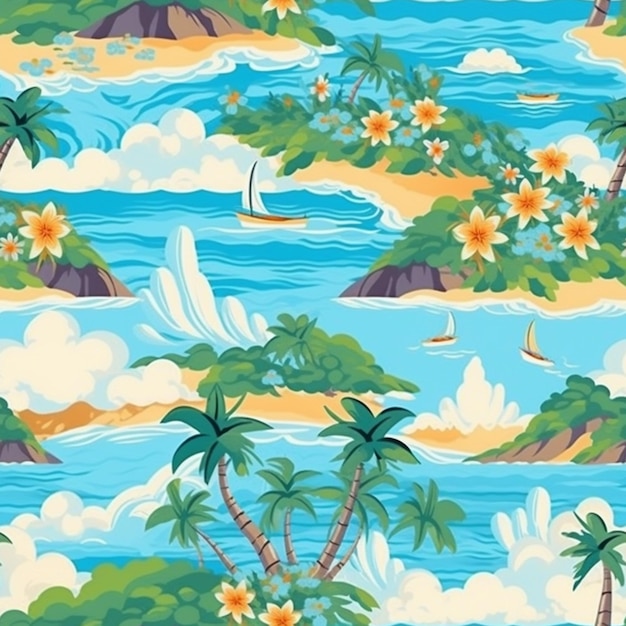 Photo a seamless tropical island with palm trees and boats generative ai