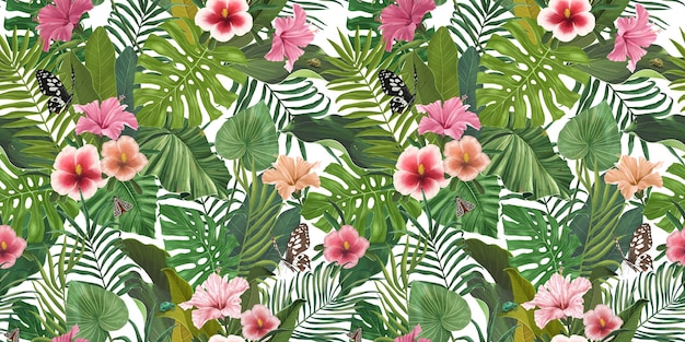 seamless tropical pattern with hibiscus flowers and leaves