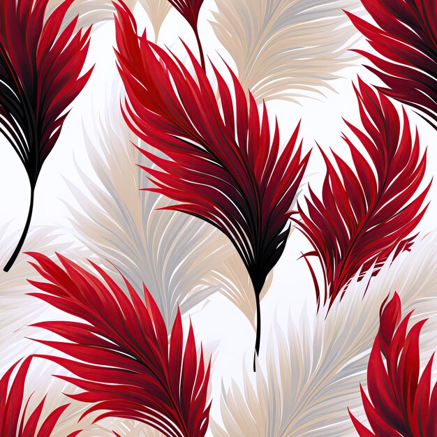 白い背景に赤いヤシの葉を持つシームレスなトロピカル テクスチャ パターン テキスタイルや生地のハワイアン飾り