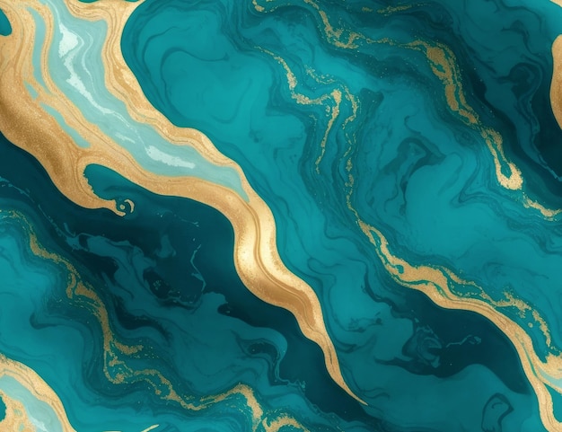 Seamless turquoise and golden color fluid pattern