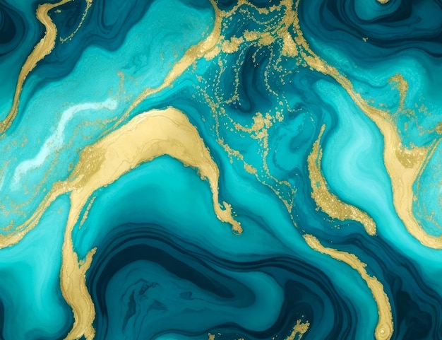 Seamless turquoise and golden color fluid pattern