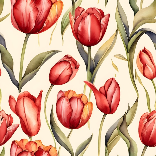 Seamless vintage watercolor pattern with tulip flowers Floral illustration background Generated AI