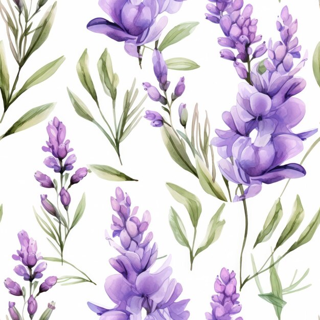 Foto fiore di lavanda color acqua senza cuciture con disegno di foglie su sfondo bianco