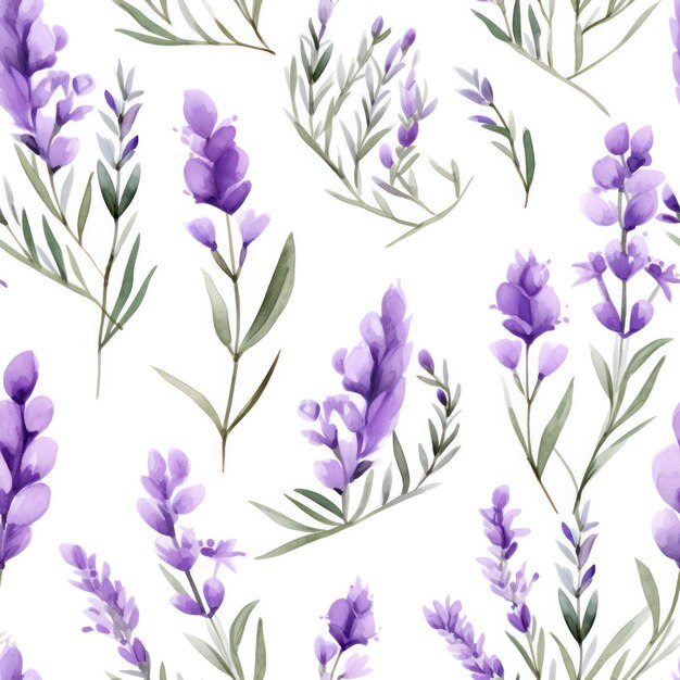 Seamless water color lavender flower with leaf pattern on white background