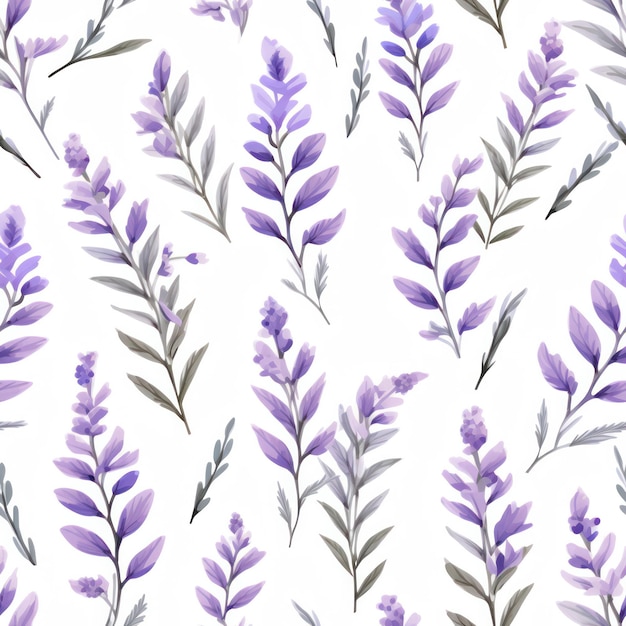 Foto fiore di lavanda color acqua senza cuciture con disegno di foglie su sfondo bianco