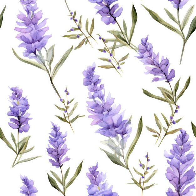Seamless water color lavender flower with leaf pattern on white background