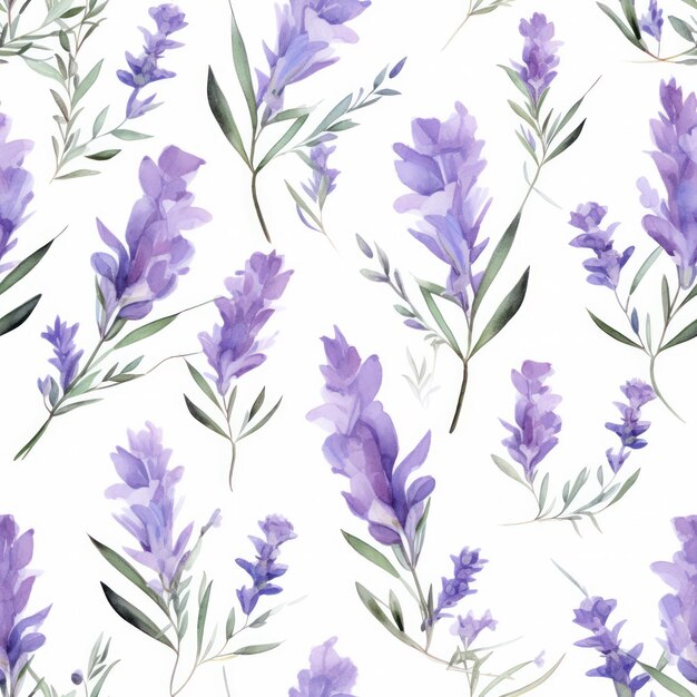 Photo seamless water color lavender flower with leaf pattern on white background