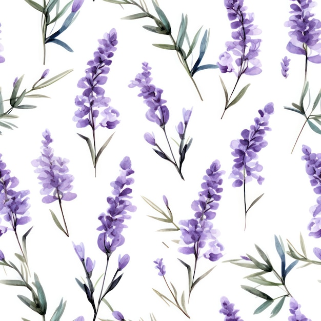 Foto fiore di lavanda color acqua senza cuciture con disegno di foglie su sfondo bianco