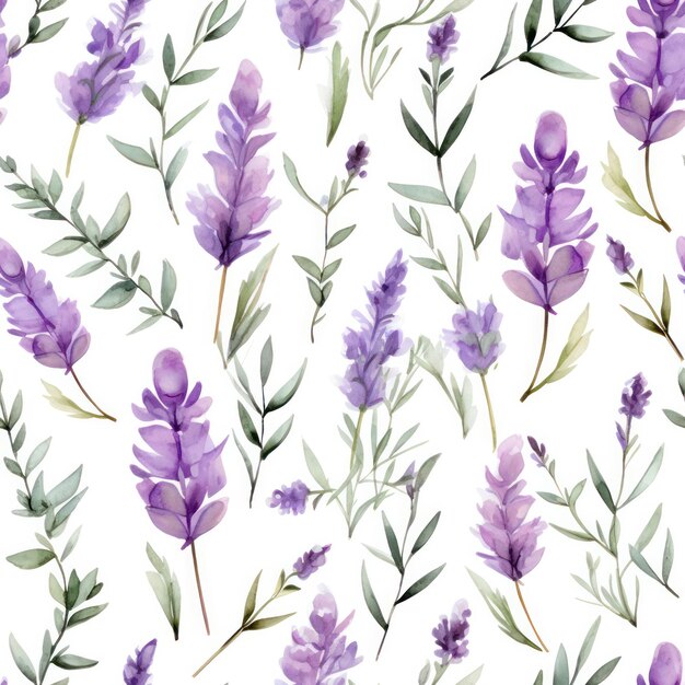 Seamless water color lavender flower with leaf pattern on white background