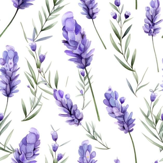 Seamless water color lavender flower with leaf pattern on white background